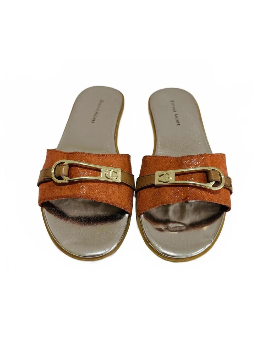 Vintage Etienne Aigner Women's Slide Sandals with Gold Buckle Accent Size 7.5M
